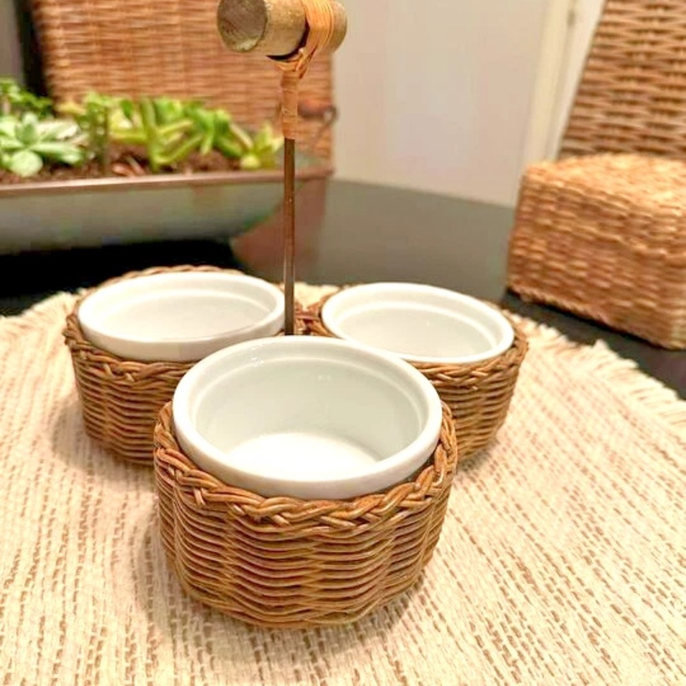 Pier One Wicker and White Ceramic Condiment Holder